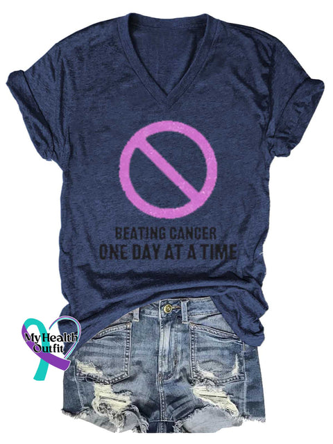 Women’s BEATING CANCER ONE DAY AT A TIME Breast Cancer Awareness V neck Casual T Shirt Blue / S