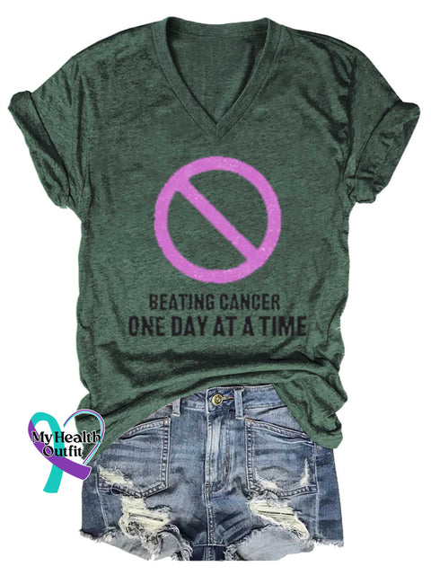 Women’s BEATING CANCER ONE DAY AT A TIME Breast Cancer Awareness V neck Casual T Shirt Green / S