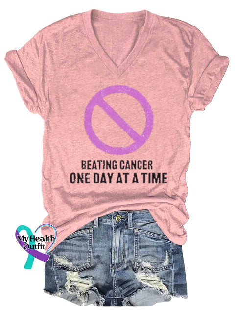Women’s BEATING CANCER ONE DAY AT A TIME Breast Cancer Awareness V neck Casual T Shirt LightPink / S