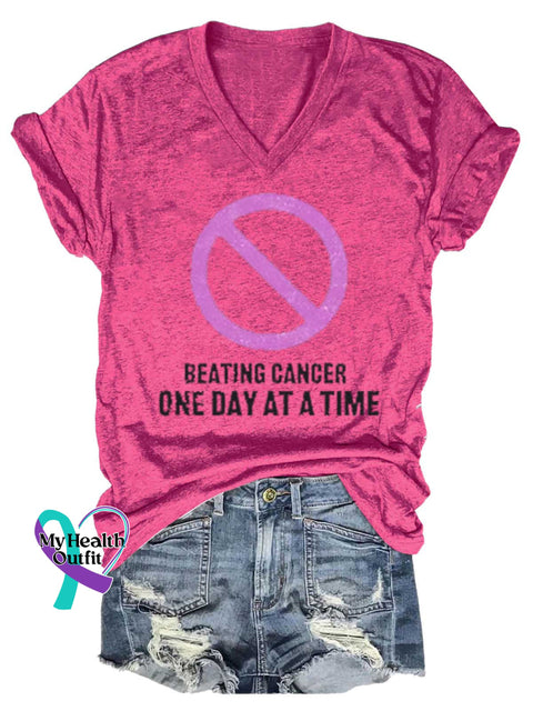 Women’s BEATING CANCER ONE DAY AT A TIME Breast Cancer Awareness V neck Casual T Shirt Pink / S