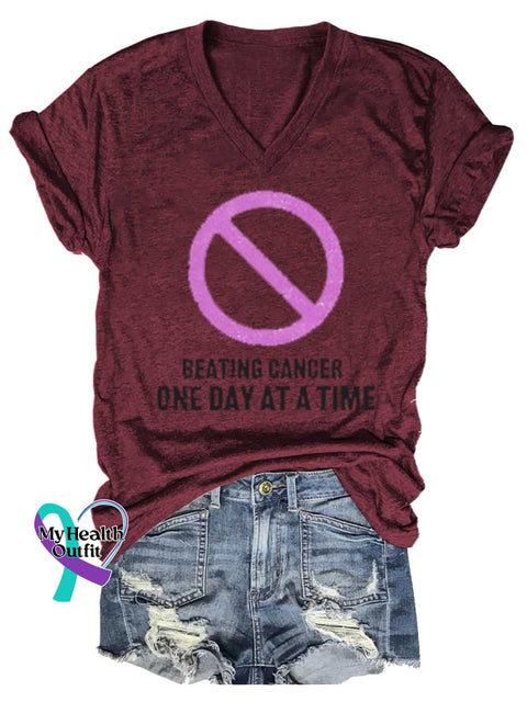 Women’s BEATING CANCER ONE DAY AT A TIME Breast Cancer Awareness V neck Casual T Shirt Red / S