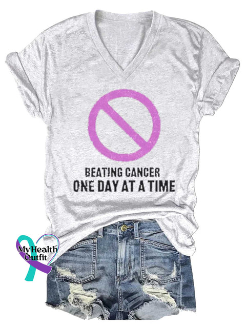 Women’s BEATING CANCER ONE DAY AT A TIME Breast Cancer Awareness V neck Casual T Shirt White / S