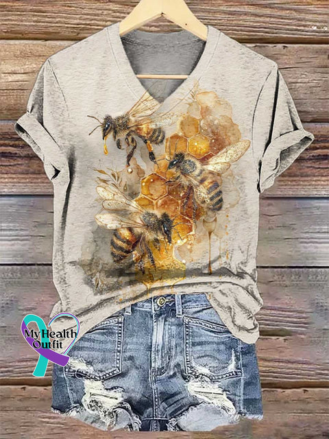 Women’s Bee Art V-neck Casual T-Shirt Multicolor / S