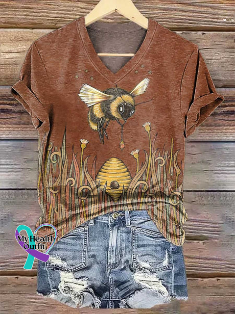 Women’s Bee Art V-neck Casual T-Shirt Multicolor / S