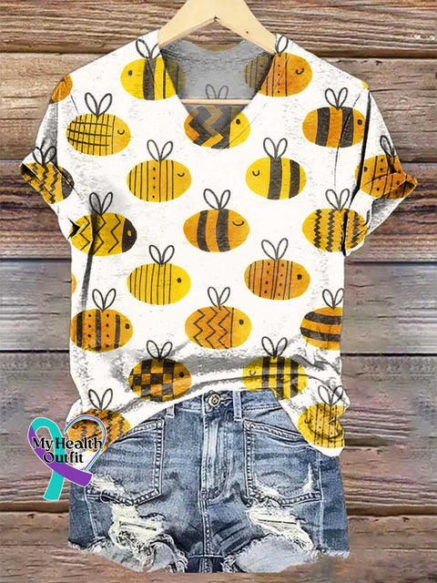 Women’s Bee Art V-neck Casual T-Shirt Multicolor / S