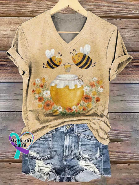 Women’s Bee Art V-neck Casual T-Shirt Multicolor / S