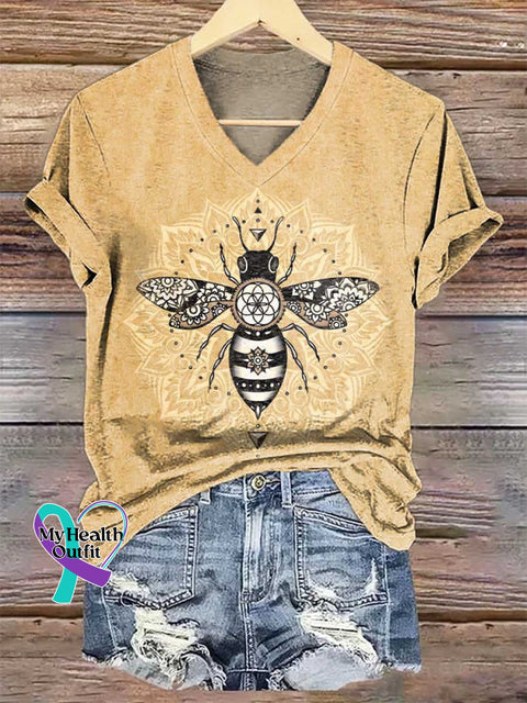 Women’s Bee Art V-neck Casual T-Shirt Multicolor / S