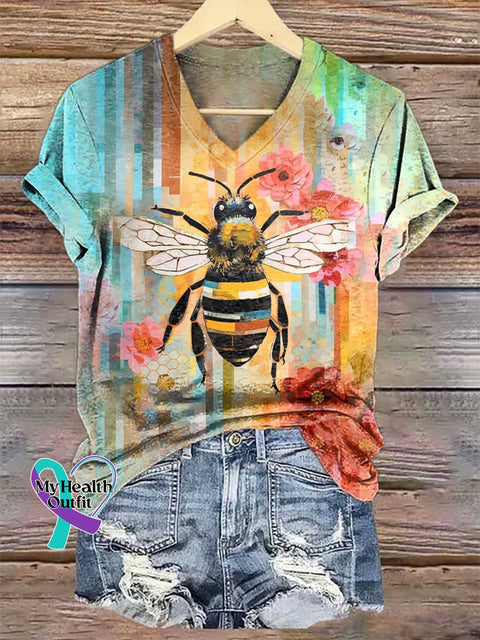 Women’s Bee Art V-neck Casual T-Shirt Multicolor / S