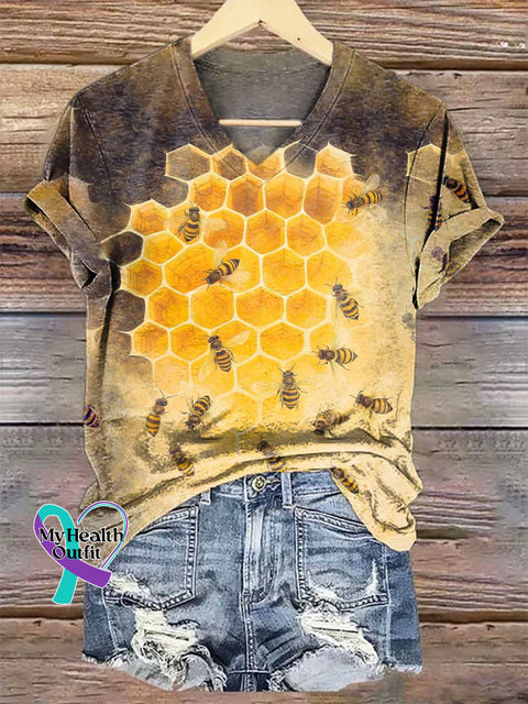 Women’s Bee Art V-neck Casual T-Shirt Multicolor / S