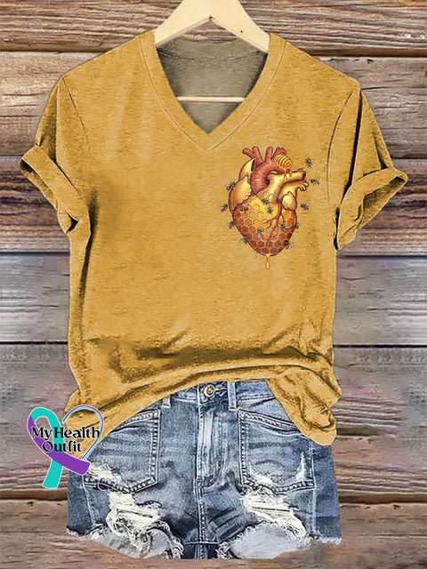 Women’s Bee Heart Art V-neck Casual T-Shirt Multicolor / S