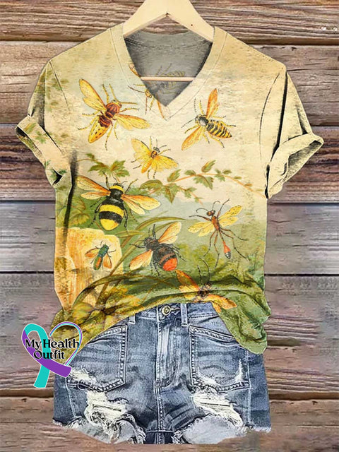 Women’s BEE Insect Field V-neck Casual T-Shirt Multicolor / S