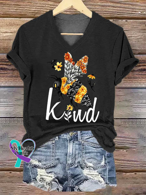 Women’s BEE KIND V-neck Casual T-Shirt Black / S