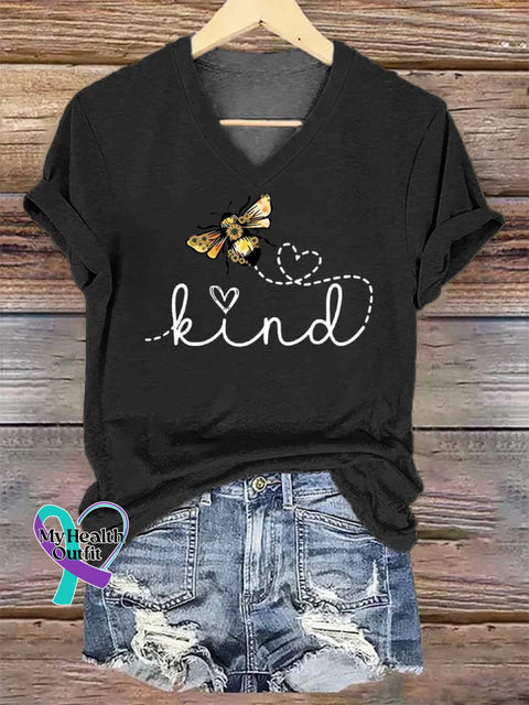 Women’s BEE KIND V-neck Casual T-Shirt Black / S