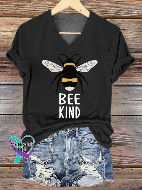 Women’s BEE KIND V-neck Casual T-Shirt Black / S