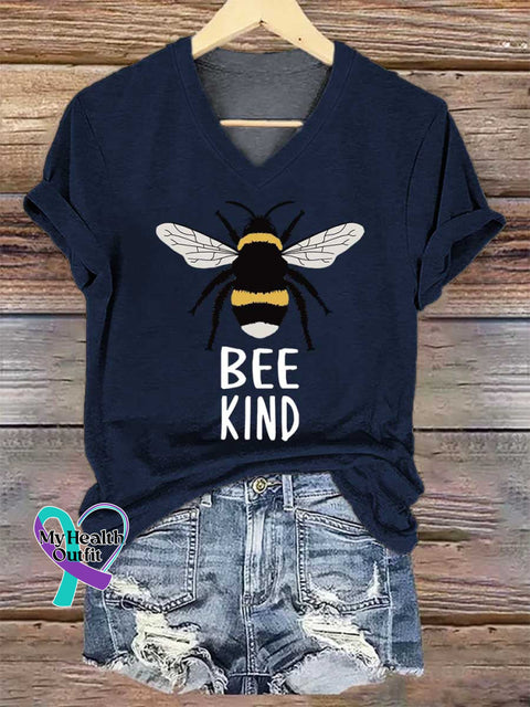 Women’s BEE KIND V-neck Casual T-Shirt Blue / S