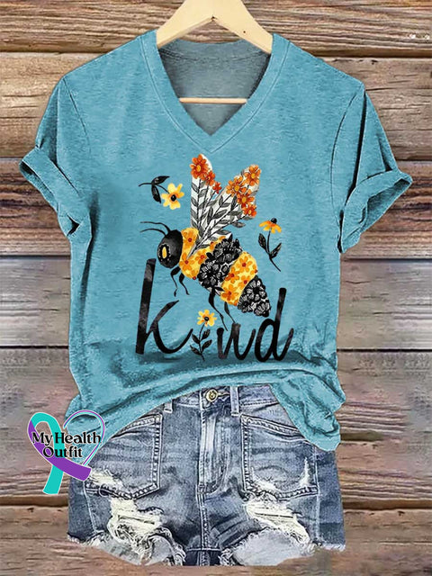 Women’s BEE KIND V-neck Casual T-Shirt Blue / S