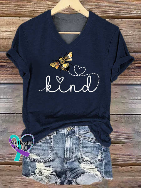 Women’s BEE KIND V-neck Casual T-Shirt Blue / S