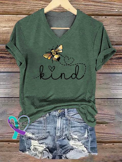 Women’s BEE KIND V-neck Casual T-Shirt Green / S