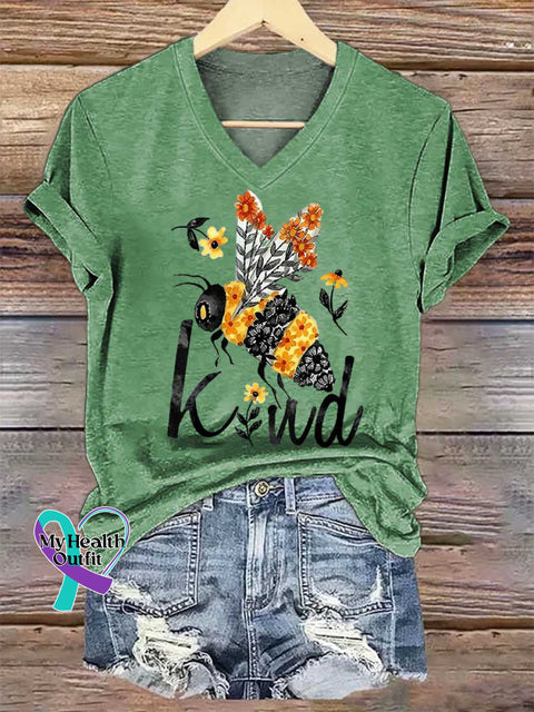 Women’s BEE KIND V-neck Casual T-Shirt Green / S