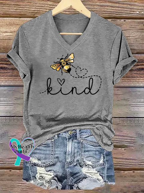 Women’s BEE KIND V-neck Casual T-Shirt Grey / S