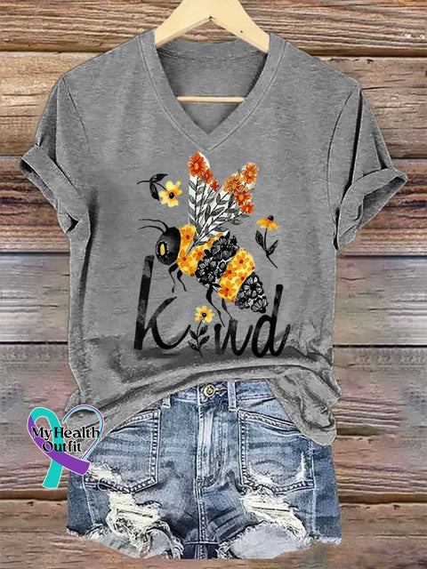 Women’s BEE KIND V-neck Casual T-Shirt Grey / S