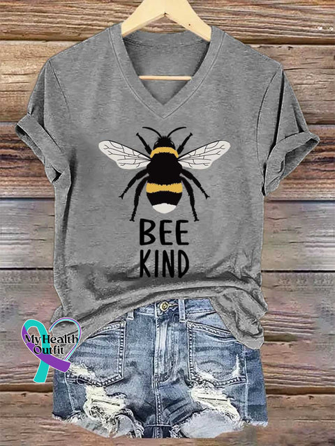 Women’s BEE KIND V-neck Casual T-Shirt Grey / S