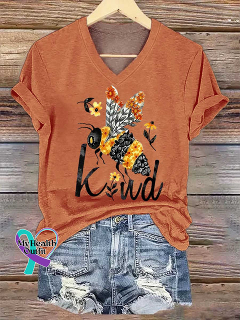 Women’s BEE KIND V-neck Casual T-Shirt Orange / S