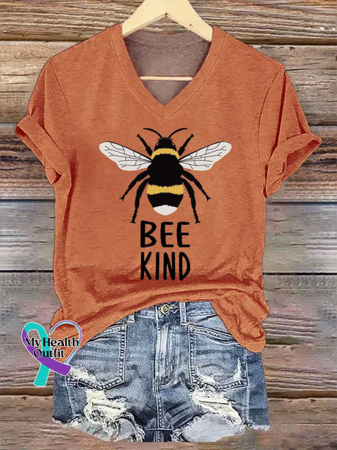 Women’s BEE KIND V-neck Casual T-Shirt Orange / S