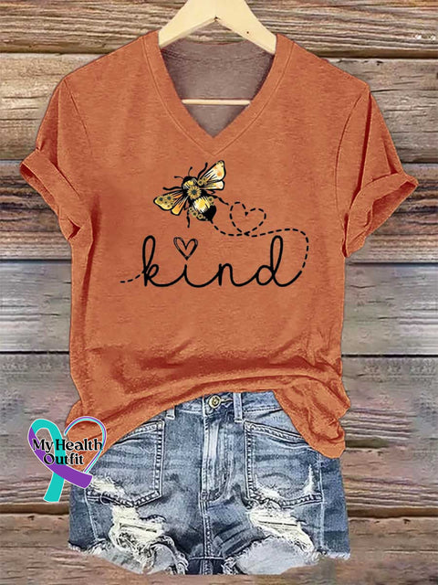 Women’s BEE KIND V-neck Casual T-Shirt Orange / S