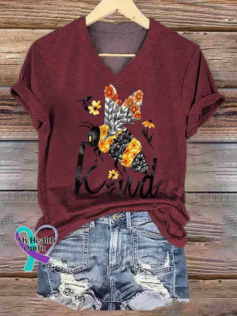 Women’s BEE KIND V-neck Casual T-Shirt Red / S