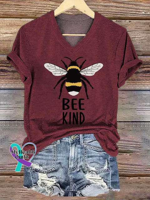 Women’s BEE KIND V-neck Casual T-Shirt Red / S