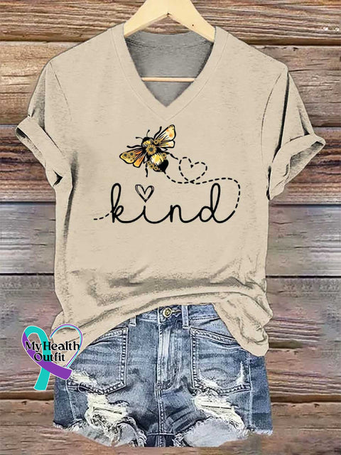 Women’s BEE KIND V-neck Casual T-Shirt Sand / S