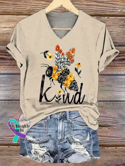 Women’s BEE KIND V-neck Casual T-Shirt Sand / S