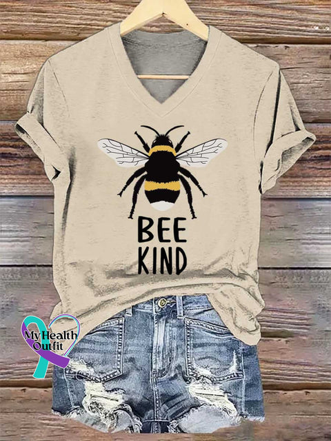 Women’s BEE KIND V-neck Casual T-Shirt Sand / S