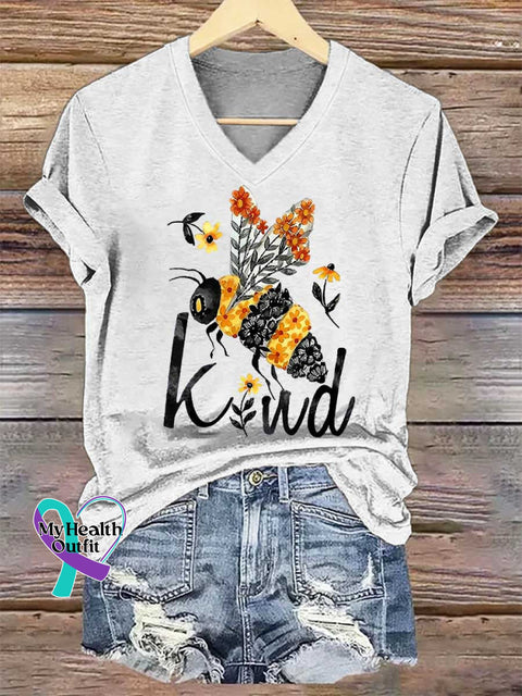 Women’s BEE KIND V-neck Casual T-Shirt White / S