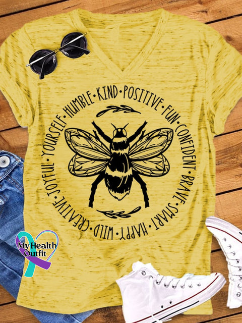 Women’s Bee Something Kind Happy Casual V-Neck Tee Yellow / S