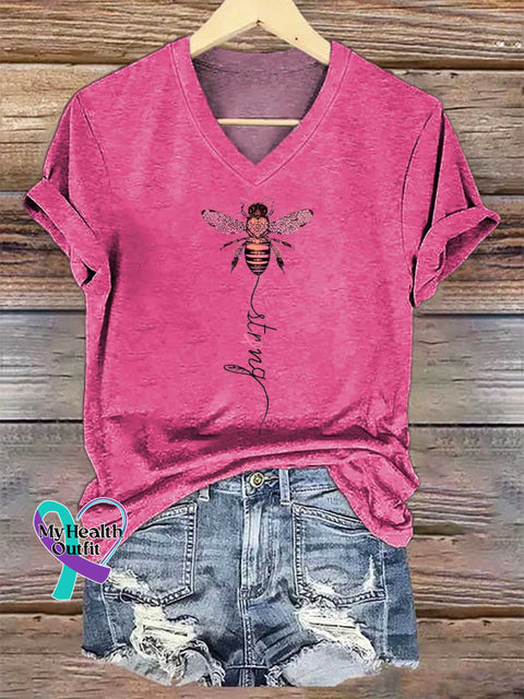 Women’s Bee Strong Breast Cancer Awareness V-neck Casual T-Shirt Pink / S