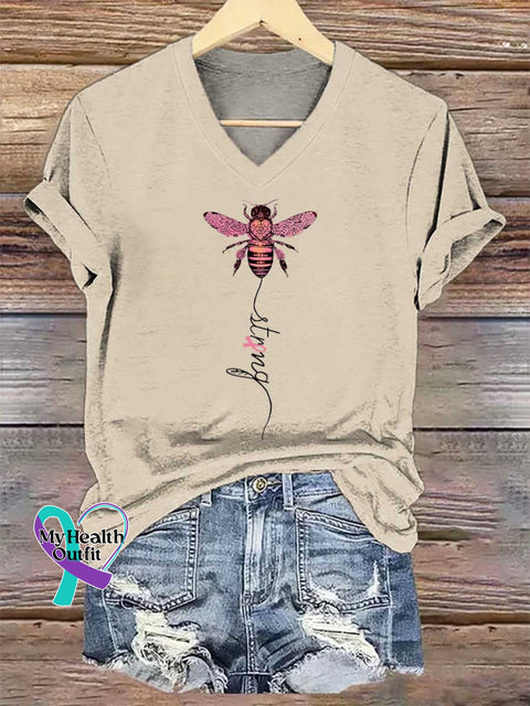 Women’s Bee Strong Breast Cancer Awareness V-neck Casual T-Shirt Sand / S