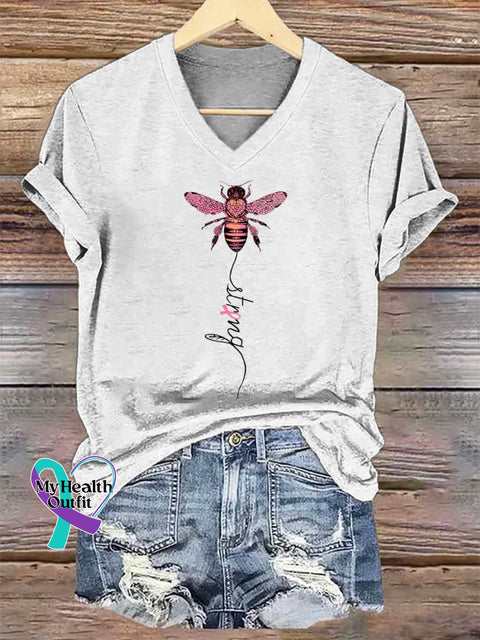 Women’s Bee Strong Breast Cancer Awareness V-neck Casual T-Shirt White / S