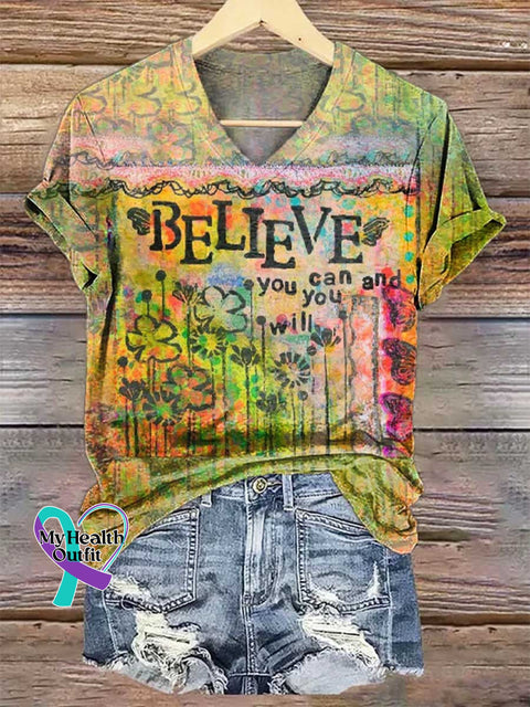 Women’s BELIEVE You Can and You Will V-neck Casual T-Shirt Multicolor / S