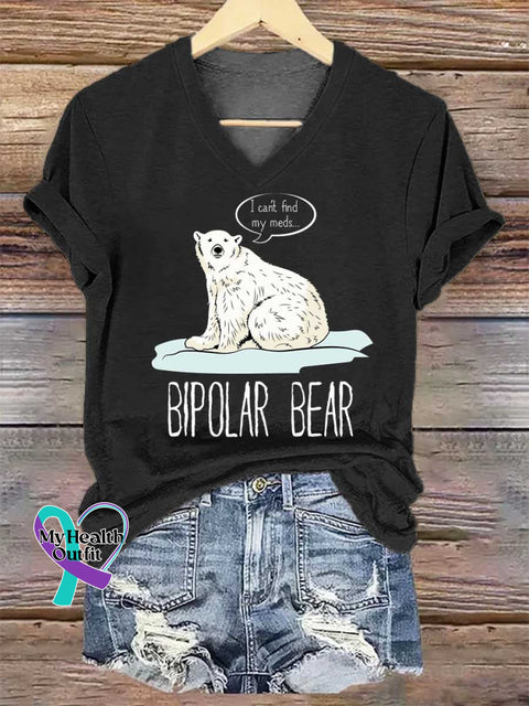Women’s BIPOLAR BEAR I Can’t Find My Meds... V-neck Casual T-Shirt Black / S