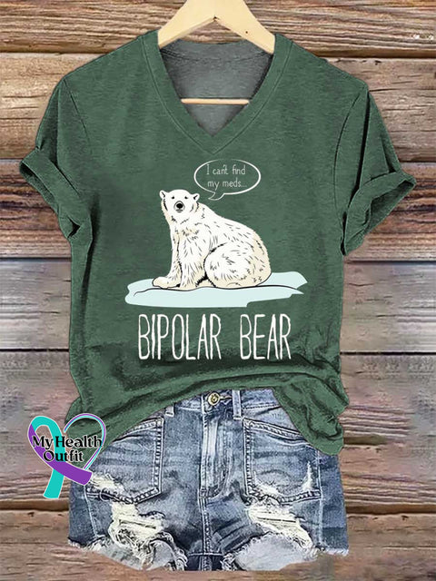 Women’s BIPOLAR BEAR I Can’t Find My Meds... V-neck Casual T-Shirt Green / S