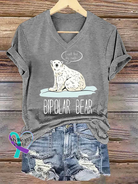 Women’s BIPOLAR BEAR I Can’t Find My Meds... V-neck Casual T-Shirt Grey / S