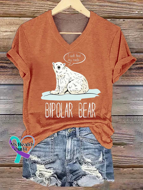 Women’s BIPOLAR BEAR I Can’t Find My Meds... V-neck Casual T-Shirt Orange / S