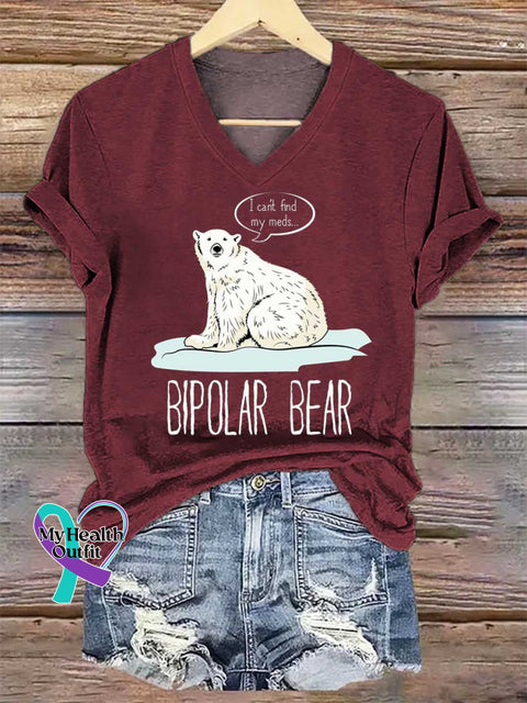 Women’s BIPOLAR BEAR I Can’t Find My Meds... V-neck Casual T-Shirt Red / S