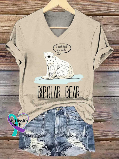 Women’s BIPOLAR BEAR I Can’t Find My Meds... V-neck Casual T-Shirt Sand / S