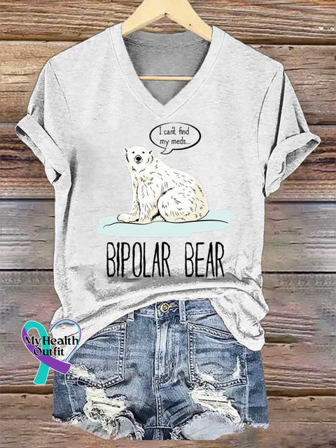 Women’s BIPOLAR BEAR I Can’t Find My Meds... V-neck Casual T-Shirt White / S