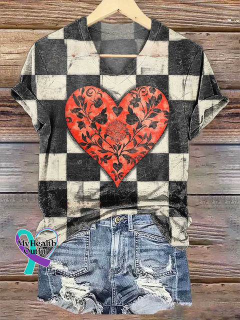 Women’s Black and White Plaid Floral Heart V-neck Casual T-Shirt Multicolor / S