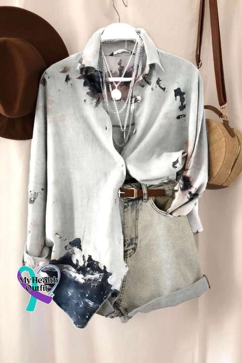 Women’s Bleach Printed Long Sleeve Lapel Shirt Top As Picture / S
