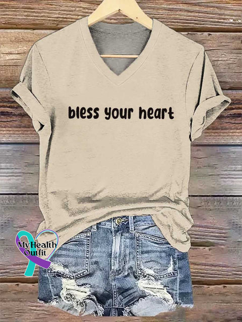 Women’s Bless Your Heart V-neck Casual T-Shirt Sand / S